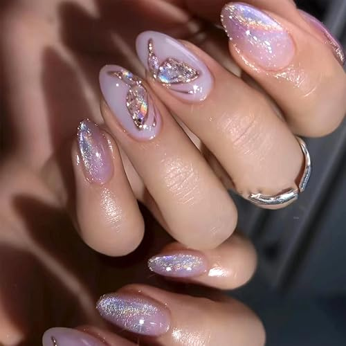 Medium Almond False Nails 24Pcs - Almond Nail Tips - Full Cover Acrylic Press On Nails with Glue - Natural Fake Nails for Women & Girls - Stick on Nail Butterfly Elegant Purple