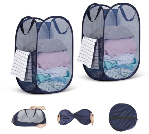 WUFANC Pop Up Wäschekorb Faltbar 2 Stück aus Netzmaterial (36 * 36 * 58cm) mit Henkel für Badezimmer, Camping, College Dorm und Reisen