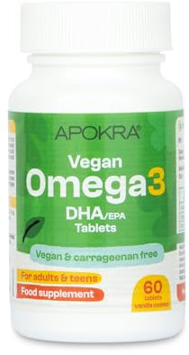 APOKRA Vegan Omega 3 DHA – for Adults & Teens – 60 Vanilla-Coated Algae Tablets with L-Lysine – Plant-Based Fish Oil Alternative – Carrageenan-Free, Sustainable