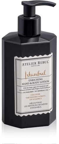 ATELIER REBUL ISTANBUL Loción corporal y de manos 400 ml, aroma amaderado y picante, cuidado corporal natural para mujeres y hombres, loción corporal sin sulfatos, parabenos ni aceites minerales