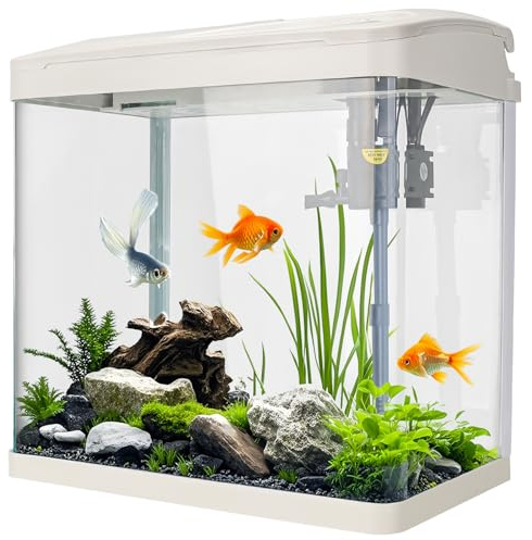 Fish Tank, 17L Glass Aquarium with Filter System, LED Lights, Water Pump, Betta Fish Tank for Goldfish, Shrimps, White