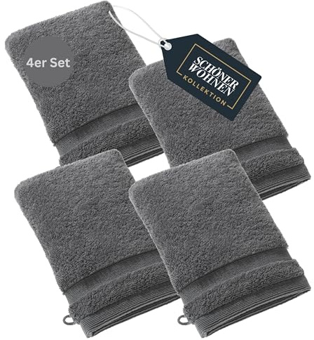 SCHÖNER WOHNEN 4er Set Premium Waschhandschuh Baby 16x21 cm - saugstark - Luxus Waschlappen Anthrazit - 100% Baumwolle - flauschig weich - als Handtuch-Set kombinierbar - Frottee Kinder - Öko-Tex