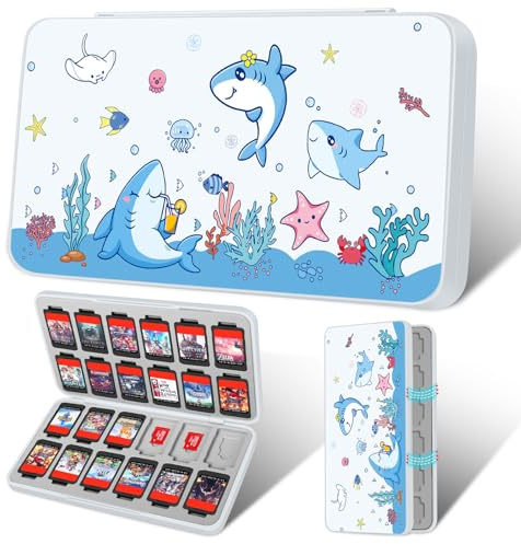 Gurgitat Switch Game Case for Nintendo Switch 2 / Switch / OLED / Lite - Cute Portable Storage Holder with 24 Game Card Slots and 24 Micro SD Cards Cartoon Cartridge for Boys Girls, Blue Shark