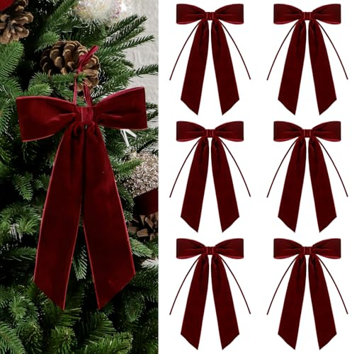 Set of 6 Velvet Bows Christmas Decoration Vintage Ribbon Bow for Gift Wrapping Xmas Holiday Wreath Garland Window Fireplace Staircase Wedding Home Decor,18x25cm (Burgundy)