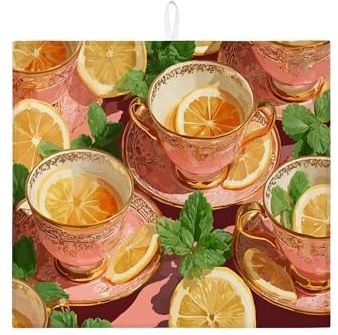 Lemon Mint Dish Drying Mats For Kitchen Counter, Vintage Floral Absorbent Dish Drainer Rack Mat, Elegant Microfiber Drying Pad For Kitchen Counter Coffee Bar Protector 16x18 Inch