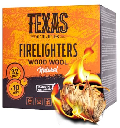 Texas Club Wood Wool Umweltfreundliche Feueranzünder aus Gesponnener und Natürliche Holzwolle für Öfen, Grills, Kamine, Lagerfeuer| Sicher und einfach zu verwenden, lang anhaltendes Brennen, 32 Stück