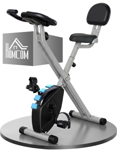 HOMCOM Bicicleta Estática Plegable con Respaldo 8 Niveles 110 kg | Bici Estática, Resistencia Magnética, Volante, Pantalla LCD, Pulsómetro, Sillín Ajustable, para Hogar, Ahorra Espacio