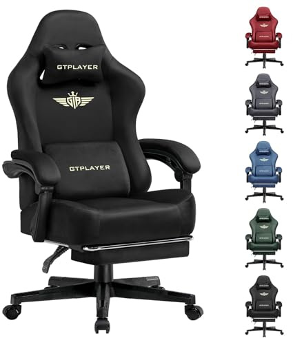 GTPLAYER Gaming Chair Fabric with Pocket Spring Cushion, Big and Tall Gamings Chairs 350LBS High Back Computer Chair with Footrest for Adults Lumbar Support Swivel Game Chair for Office Light Black