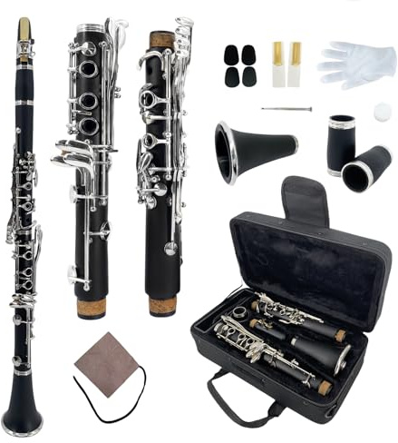 YoungMonic Professional Ebonite A Clarinet with Nickel-Plated Keys Rich Black Finish for Intermediate & Advanced Players Includes Padded Carry Bag, Reeds, Cork Grease & Clarinet Cleaning Kits(m1)