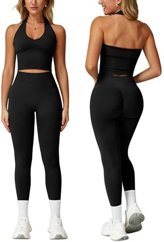 IDOPIP Sport-Set Damen Neckholder Zweiteiler: Rückenfrei Gym Set Hoch Taile Po-formende Leggings mit Scrunch-Effekt - Sportanzug für Fitness Yoga Pilates Workout