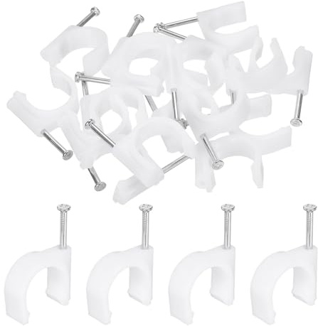 QUARKZMAN 50 Pezzi Ganci Per Cavi Con Chiodo 25mm Spessore Circolare Singolo Mezza Fascetta Gancio A J Con Chiodo Fascette Per Cavi Per Fissare Ethernet Coassiali Tubi PEX Supporto Tubi