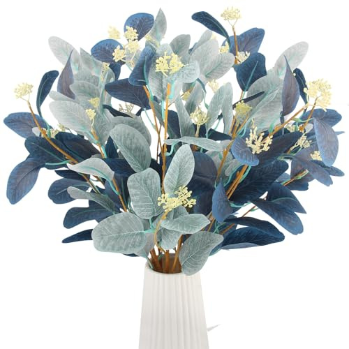 SJUNJIE 8 Pezzi Eucalipto Artificiali Foglie di Eucalipto Artificiali Rami Verdi Artificiali 4 Ciascuno di Colore Blu Scuro e Azzurro Utilizzati per Vasi Decorazioni per la Tavola