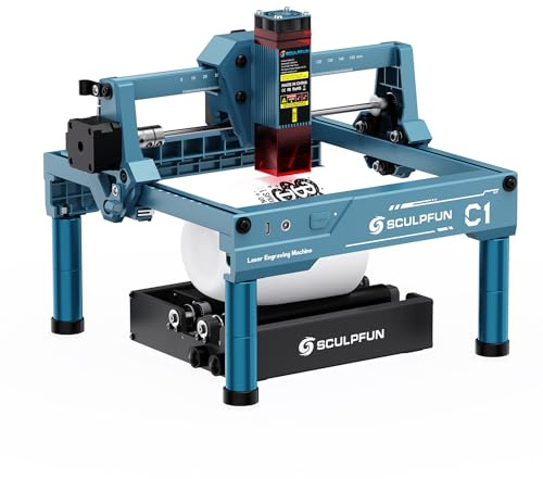 SCULPFUN C1 Lasergravierer mit RA MINI Laser Rotationswalze, Tragbar 3W Laser Graviermaschine, 0,04 mm hohe Präzision Lasergravierer, 360° Drehung Gravieren zylindrischen