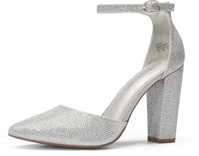 DREAM PAIRS Women's Coco High Heels Chunky Block Pumps Pointed Closed Toe Ankle Strap Dress Shoes,Size 6.5,Silver/Glitter,Coco