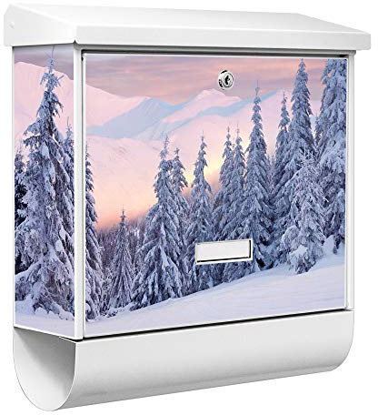 banjado® Burgwächter Briefkasten Weiß 38x39x12cm mit Motiv Verschneite Berge/Briefkasten mit Zeitungsfach/Briefkasten mit Zeitungsrolle/Postkasten inkl. Montagematerial & 2 Schlüsseln