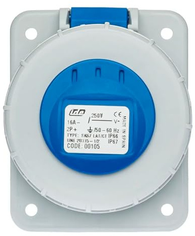 Base enchufe industrial hembra, Toma de corriente industrial, Intensidad 16A, Polos 2P+T, Tensión 250V, Grado de protección IP44, IP54, IP67, IP68, Resistencia impacto IK08,Apto para empotrar, Azul
