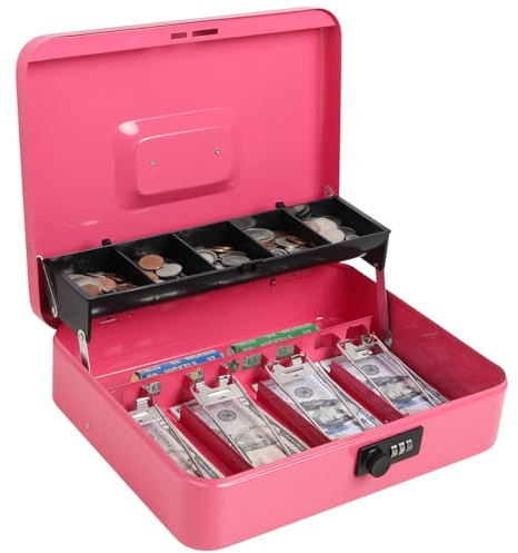 Parrency Cash Box with Money Tray and Combination Lock, Parrency Large Money Box, 5 Compartments for Cions & 4 Spring-Loaded Clips for Bills, 11.8 x 9.5 x 3.5, Cmb-Pink