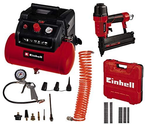 Einhell Kompressor TC-AC 190/6/8 OF Set (8 bar, 6 Liter Drucklufttank, öl-/servicefreier Motor, Druckminderer, inkl. Ausblaspistole, 5m Schlauch + 8 Adapter, inkl. Druckluft-Tacker TC-PN 50)