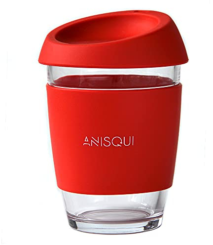 AniSqui Taza de café de Cristal Reutilizable (350ml, sin BPA, Tapa de Silicona)