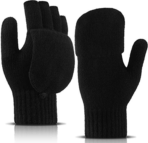 Frauen Cabrio Handschuhe Fingerlose Fäustlinge Gestrickte Fäustlinge Halbfinger Handschuhe mit Flip Abdeckung für Frauen Männer Kaltes Wetter, Schwarz