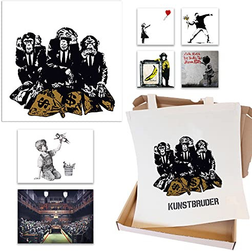 Banksy Bilder Geschenk Box- Geschenke Ideen Set mit Leinwand Bild, Jutebeutel/Stofftasche, Postkarte und sticker I super günstig