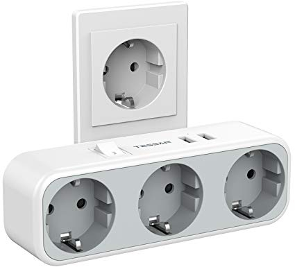 TESSAN Ladron Enchufes USB, 5 en 1 Enchufe Múltiple con 3 Tomas de Corriente, Triple Cargador Multiple Compatible con Phone, Multiplicador Regletas para Hogar Gris