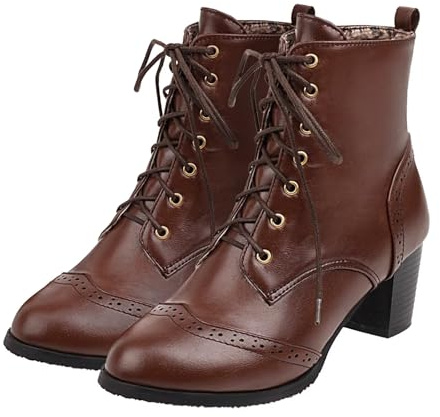 UniqueStride Women's Brogue Ankle Boots Lace Up Ankle Bootie with Chunky Block Heel Round Toe Shoes (dark brown,US size 10.5)