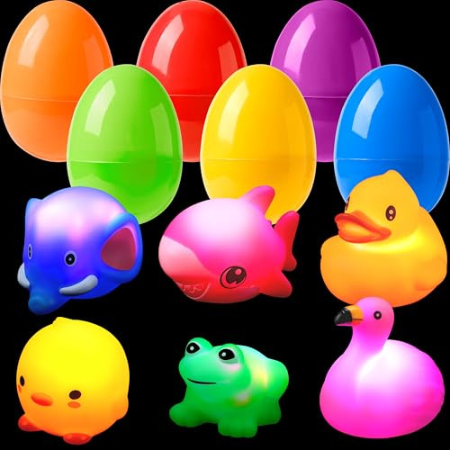 JOYIN 6 Pcs Prefilled Easter Eggs with Light-up Bath Toys Animal Floating Bathtub Toys for Kids Toddler Party Favor, Easter Eggs Hunt, Basket Stuffers Filler, Classroom Prize Supplies