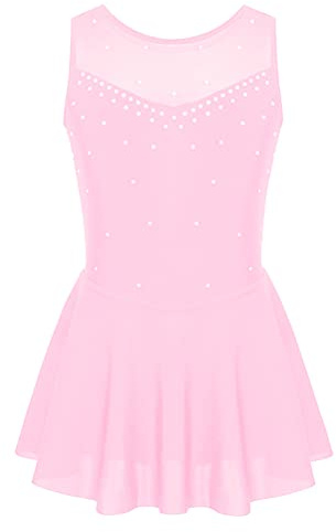 Aislor Niñas Vestido de Patinaje Artístico Maillot de Gimnasia Elástico sin Mangas con Diamantes Leotardo de Baile Traje Ropa de Patinador Vestido de Danza Rosa 9-10 años