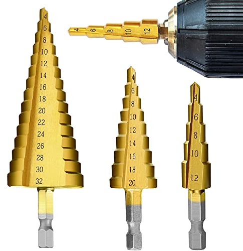 RZJZGZ 3 Pcs Drill Bit Set,4-12/4-20/4-32mm Hex Shank Electricians Tools | Straight Grooved Step High Step Steel Titanium Power Tools Hex Shank Drive, Cut Tool Set for Metal Wood Steel DIY Plastic