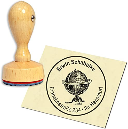 Stempel Adressstempel Holzstempel - antiker Globus - rund ∅ 40mm personalisiert als Firmenstempel Namensstempel Bürostempel