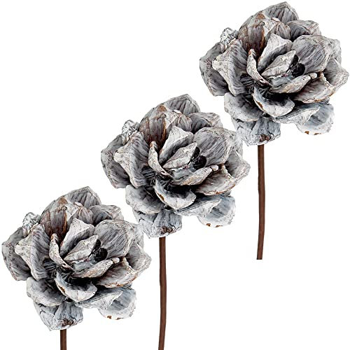 matches21 Pinienrosen am Stiel Gestecke Herbst Naturdeko Frosted Blumendeko Kunstblumen 3er Set Ø 8 cm grau