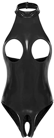 Freebily Damen Wetlook Body Brustfrei Latex Catsuit Kleid Ouvert Lackleder Bodysuit Nachtwäsche Pole Dance Outfit Schwarz L