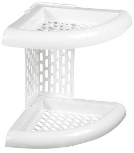Mensola angolare per Doccia, Bagno con Gancio, scaffale 2 Piani in plastica Bianca, Portaoggetti Sapone, Shampoo, bagnoschiuma, Colore Bianco 21,5x21,5x24cm