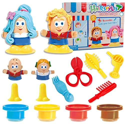OTONOPI Dough Play Set Crazy Cuts Stylist Hair Salon Barber Shop Haircut Pretend Play Color Dough Toy with Dough and Molds for Kids Pack of 13pcs