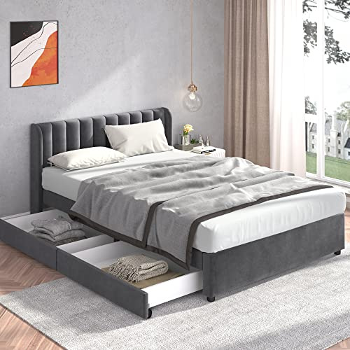 KecDuey Polsterbett 160 x 200 cm,Doppelbett,Bettrahmen Mit Lattenrost,Samt Rückenlehne,2 Schubladen (160 x 200cm, Grau)
