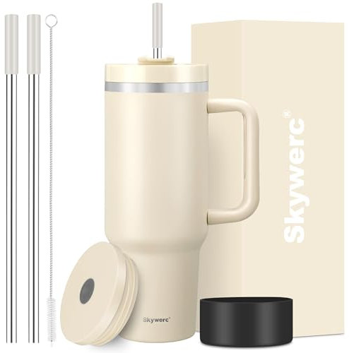 Gobelet de 1200 ml avec poignée et paille, 2 couvercles (2 en 1 et couvercle anti-fuite) – Gobelet isotherme en acier inoxydable – Bouteille d'eau à double paroi – Tasse à café de voyage – Cadeau de