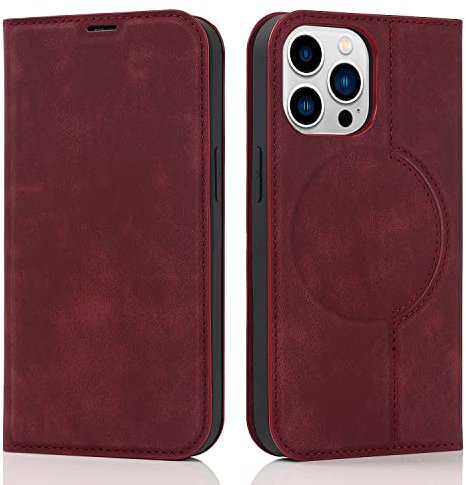QLTYPRI Hülle für iPhone 15 Pro Max Kompatibel mit MagSafe, Ledertasche Handyhülle [RFID Schutz] Flip Case mit Kartenhalter Ständer Magnet Klapphülle für iPhone 15 Pro Max - Rotwein