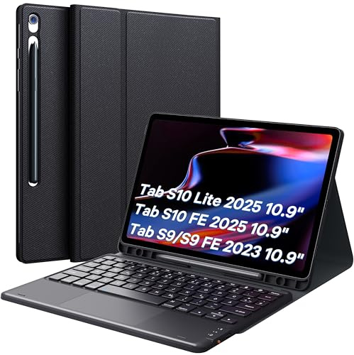 Earto Coque avec Clavier pour Samsung Galaxy Tab S10 FE/S10 Lite/S9 FE 10.9 | Touchpad, 2 Canaux BT, Mégnétique Détachable, Noir,Pour nomades et professionnels.