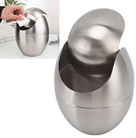 Mini pattumiera con coperchio, 304 in acciaio inossidabile, pattumiera da ufficio, a forma di uovo, mini pattumiera da bancone con coperchio girevole per vanità, casa, ufficio, cucina, camera da letto