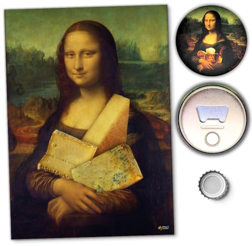 Affiche Mona Lisa SHE IS MONA et Décapsuleur Mona Lisa Bière et Camembert – Pack Spécial – Décoration murale et Accessoire Cuisine