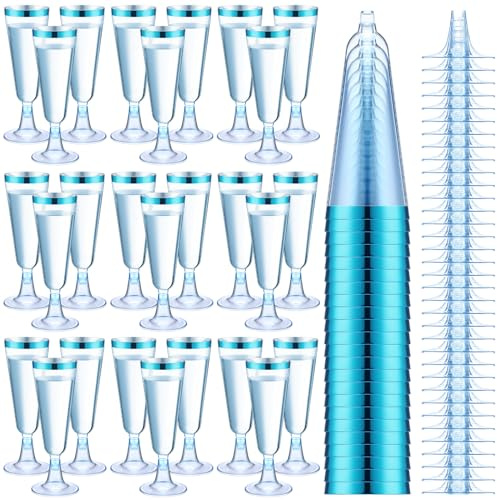Dandat 100 Pcs Plastic Flutes Disposable Champagne Flutes 5 oz Champagne Glasses with Rim Cocktail Cups for Wedding Toasting Party Birthday Anniversary Celebration (Blue with Blue Rim)