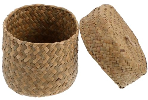 PRETYZOOM Handmade Woven Flower Basket with Lid Straw Storage Basket Mini Sundries Container 5.11 X 5.11 X 4.13 in Gift Box for Home Decor Parties Weddings Shelf Organization