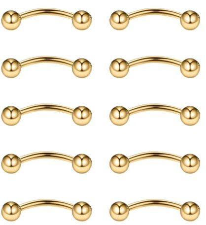 Gojewen 10pcs Or Sourcils Barbells Courbés pour Lèvres Rook Hélix Bridge Anneau Ventral 16G Acier Inoxydable 10mm