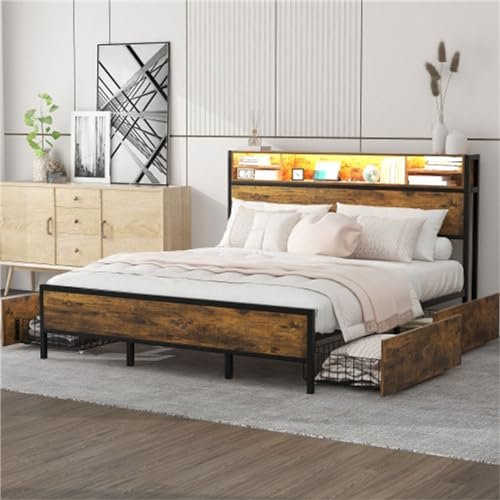 Doppelbett King Size LED-Bett Mit USB-Ladeanschluss Flachbett Mit Lattenrost Und Kopfteil Stauraumbett Mit 4 Schubladen Jugendbett Für Erwachsene Und Junioren Metall Gästebett Braun 180x200 Cm