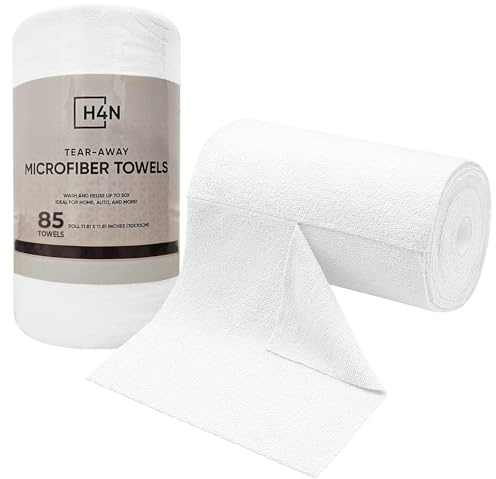 H4N Microfiber Cleaning Cloth Roll, 85 Pack Micro Fiber Wash Cloths for Car, Tear Away Towels, Ultra Absorbent Dish Rags, Non-Abrasive, Reusable and Washable Household Supplies, 11.81 x 11.81, White