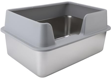 Edelstahl Katzentoilette mit Rand, Katzenklo aus Metall Offen mit Abnehmbarem Deckel und Streuschaufel, Anti-Spritz Geruchlos für Mittlere und Kleine Katzen
