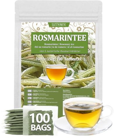 Premium rosmarin tepåsar, 100 tepåsar. Tillverkad med 100% rena naturliga rosmarinblad, inga tillsatser och koffeinfri.