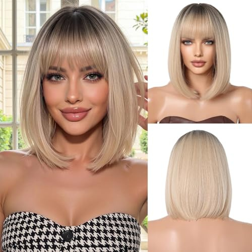 OUFEI Ombré Blonde Kurze Glatte Bob Kunsthaar Perücken für Damen mit Pony