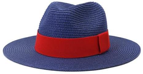 FULUJIDI Fedora Trilby Filzhut Hut Mode Casual Unisex Beach Wide Brim Jazz Sonnenhut Panama Hut Papier Strohhalm Frauen Männer Mütze Band 56 To58 cm Navy